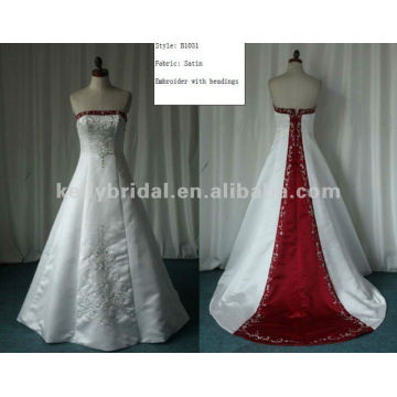 2015 Hot Selling vermelho e branco indiano tecido bordado e vestido de casamento em cetim com cercadura